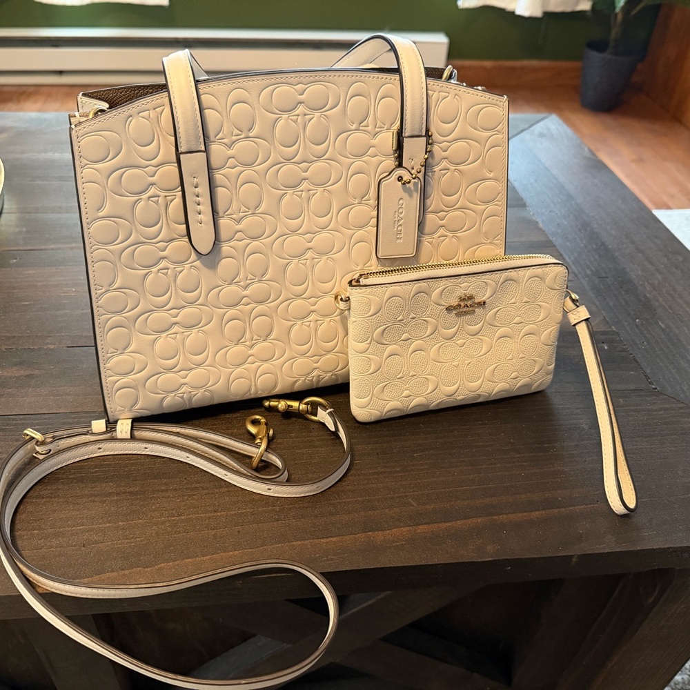 Coach Charlie Carryall 28 Cream Embossed Satchel and Wristlet Set